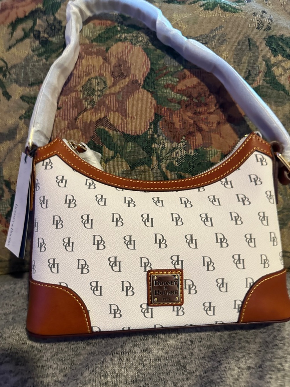 Dooney & Bourke White and Brown small Greta Dooney & Burke Monogram Shoulder Bag